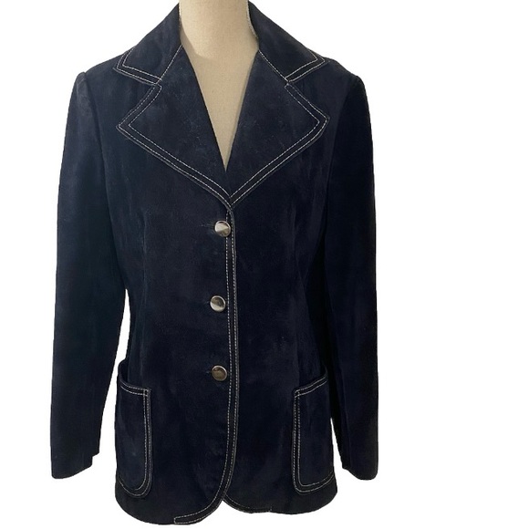 WOMENS VANY BY ARCELUS VINTAGE Navy Blue LEATHER SUEDE JACKET Size S/M coat - Picture 1 of 13